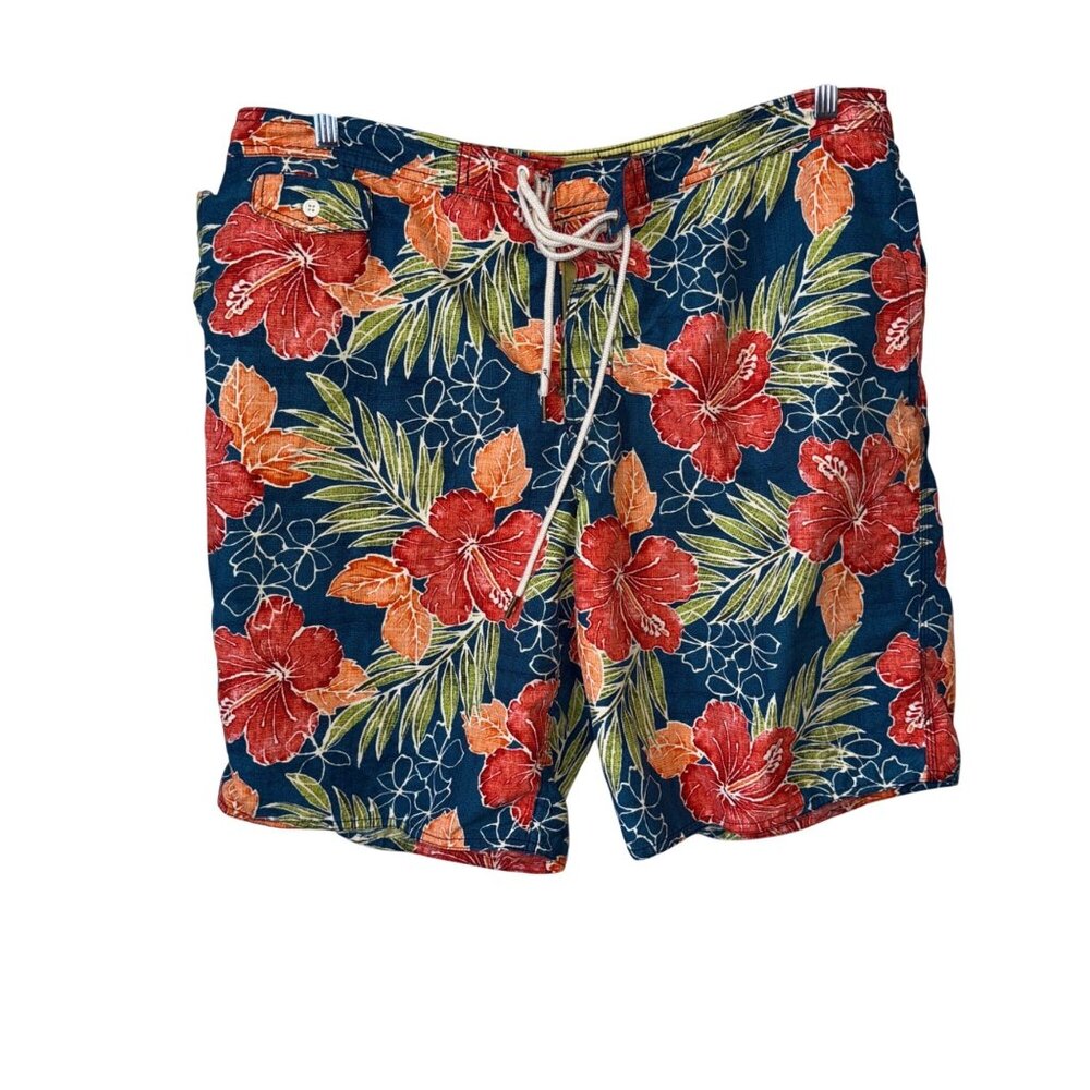 St. Johns Bay Mens XL Hawaiian Floral Drawstring Polyester Swim Shorts